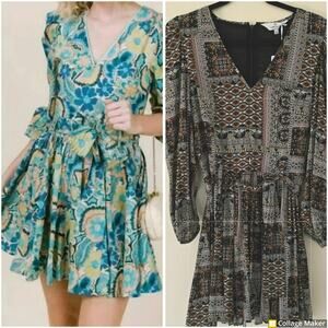 New LaRoque Emma Mini Dress in Navy Paisley Brown Print Women's Size XS